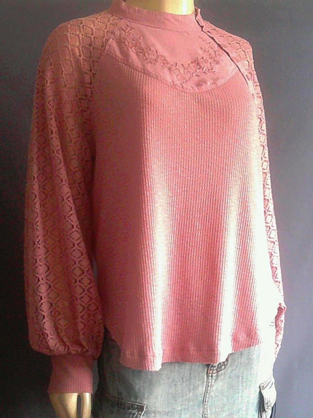 Free People Dusty Pink Hi Neck Embroidered Pointelle Sleeves Top M